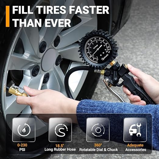 Tire Pressure Gauge with Inflator, 230 PSI Heavy Duty with Air Chuck Compressor Accessories， 360° Rotatable Dial and Air Chuck, Compatible with Bicycle/Truck/SUV/Motorcyle/RV