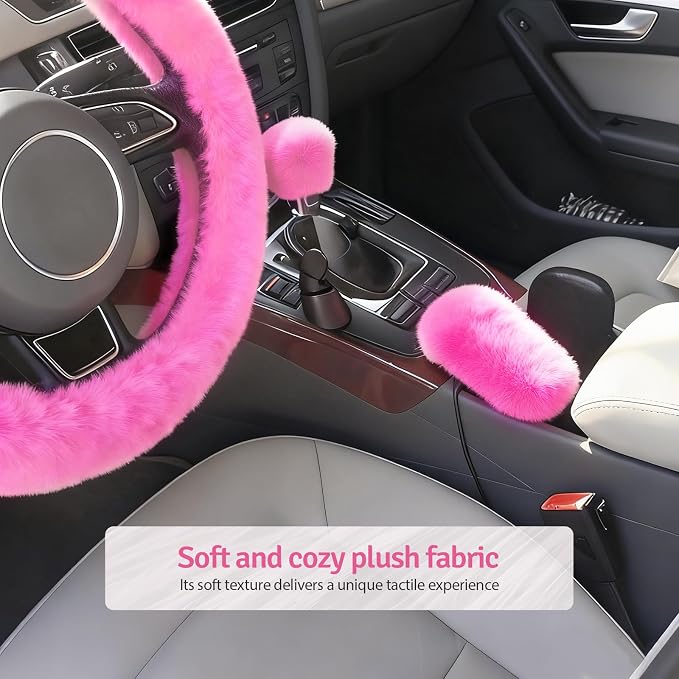 Fluffy Steering Wheel Cover 3PCS Set – Plush Fuzzy Fur Steering Wheel Cover with Gear Shift Cover & Handbrake Cover, Winter Warm Car Accessories, Car Interior Accessories for Women (Pink)