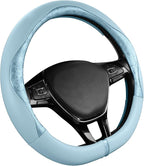 Steering Wheel Cover, Light Blue Patterned Leather Patchwork Design, Universal Fit 14.5"–15.5" D-Shape Steering Cover, Soft PU Grain Leather, Durable Grip Car Accessory for Girls & Women