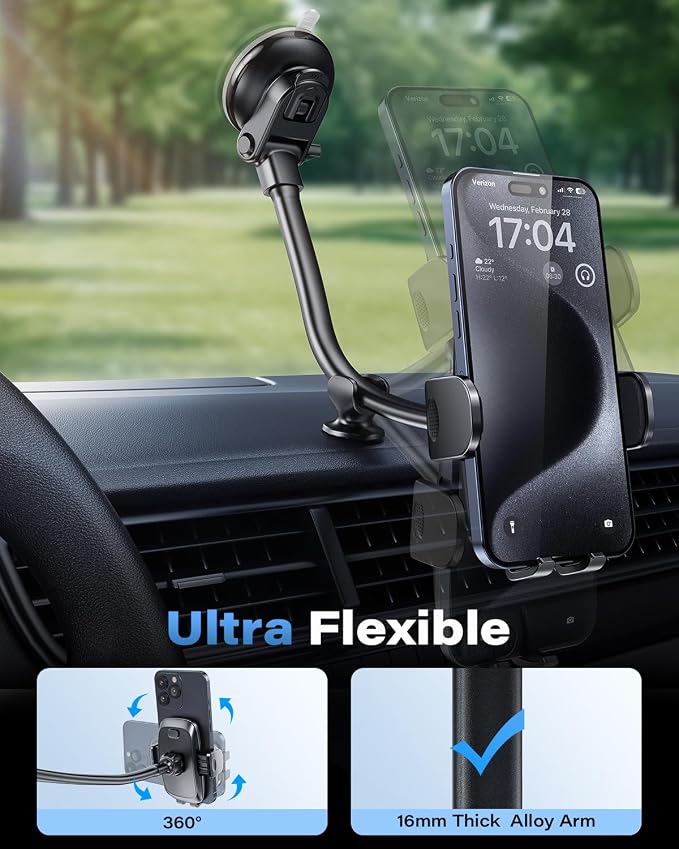 Solid Car Truck Phone Mount Holder with Thick Gooseneck Long Arm, Windshield Window Mobile Holders w/Industrial-Strength Suction Cup, Anti-Shake Stabilizer Compatible All Cell Phones, Black