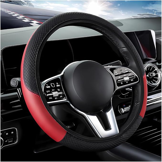 Car Steering Wheel Cover, 15 Inch Carbon Fiber Leather Stitching Color Steering Wheel Protector, Anti-Slip Elastic Breathable Steering Wheel Cover Stylish Decor for Most Cars (Black&Red, AD)