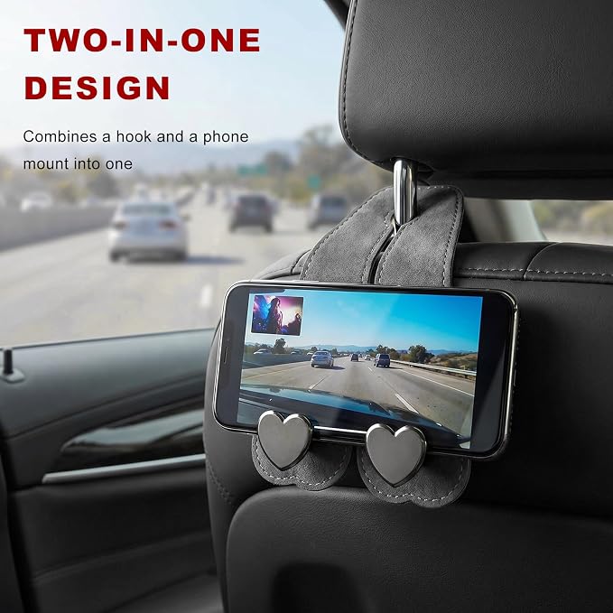 2 PCS Car Seat Headrest Hook, Suede Heart Shape Auto Double Seat Back Purse Storage Hook, Cute Backseat Organizer Universal Bag Holder Most Vehicles, Car Accessories (Gray)
