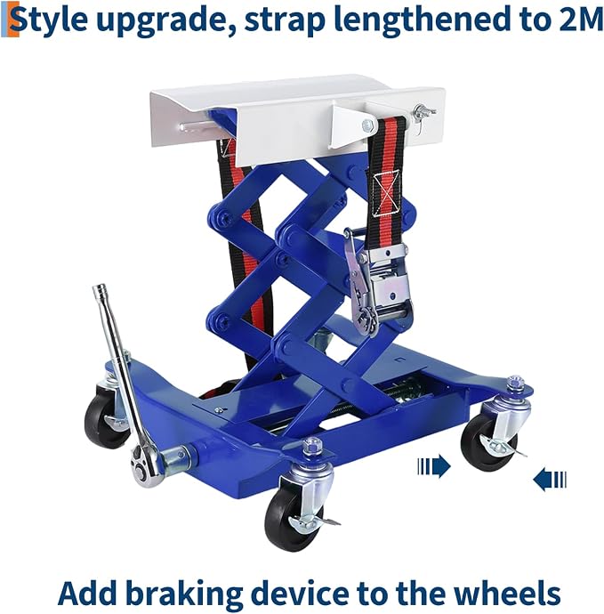 Transmission Jack 450 LBS Capacity: Low Profile Lift with 2M Safety Straps & 4 Brake Wheels, 7-23 Inch Range for Car & Truck Repair (Blue)