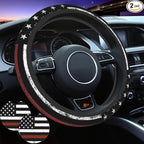 Thin Red Line 3-Pc Car Set: Steering Wheel Cover & 2 Car Coasters | Firefighter Anti-Slip Breathable Universal for 14.5 -15.5 Inch Car Wheel Cover Suitable for Men Women