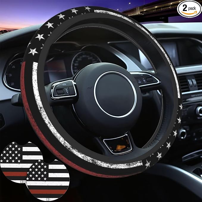 Thin Red Line 3-Pc Car Set: Steering Wheel Cover & 2 Car Coasters | Firefighter Anti-Slip Breathable Universal for 14.5 -15.5 Inch Car Wheel Cover Suitable for Men Women