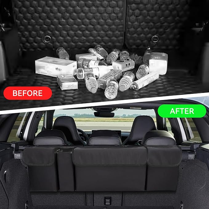 Car Trunk Organizer, Waterproof Collapsible Cargo Bag with 4 Pockets,Backseat Hanging Large Storage with Adjustable Straps, Sturdy Space Saver Frees Trunk Floor for SUV, Truck (Black)