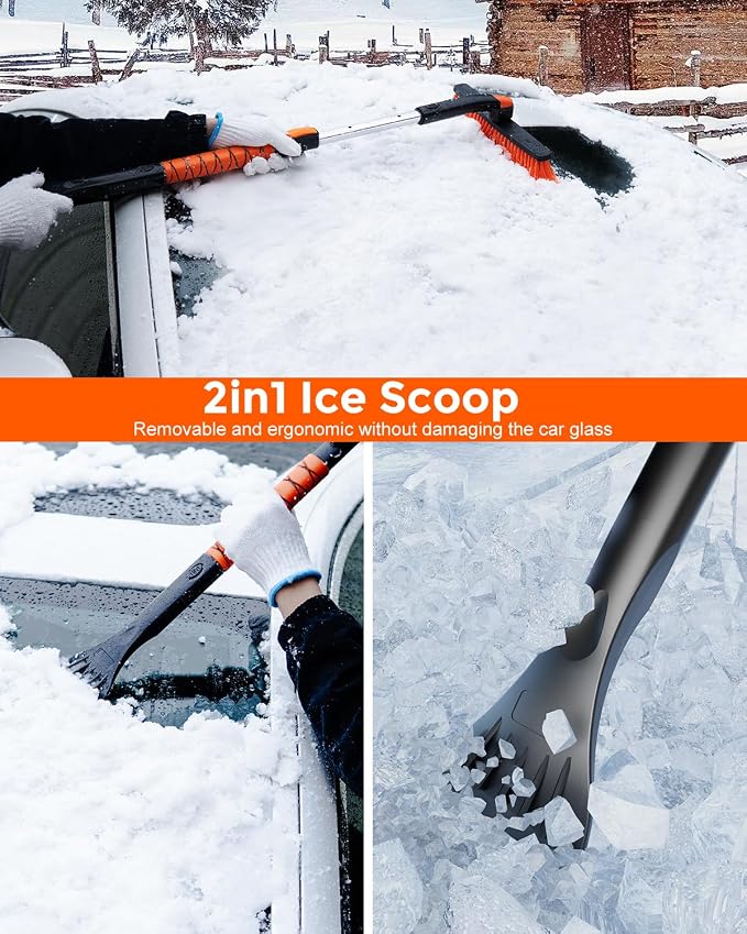 DooGooCoo [Upgrade] Ice Scraper & Extendable Snow Brush for Car Windshield [Military-Grade Sturdy] - 360° Pivoting Brush Head with Silicone Grip for Effortless One-Swipe Clean on Auto (Large)