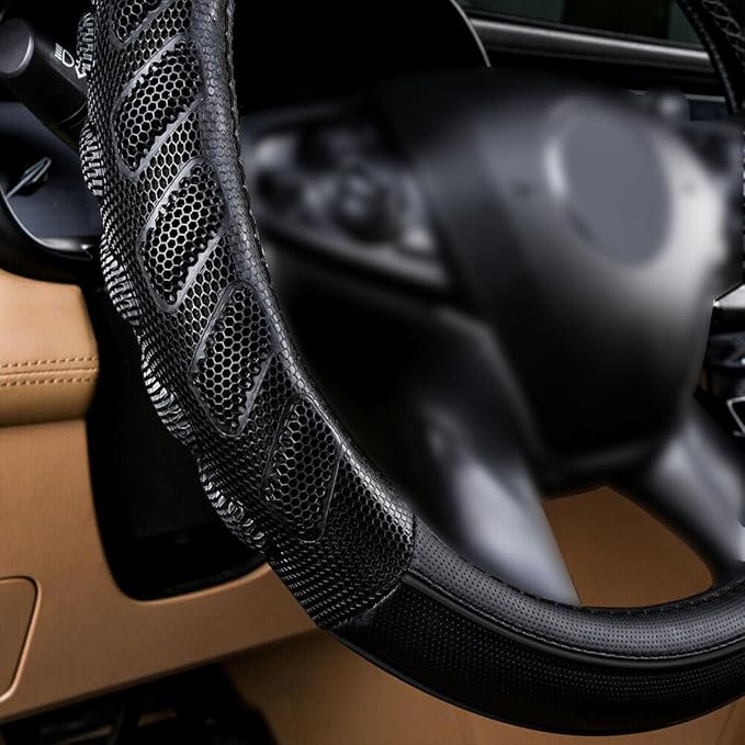 car Steering Wheel Cover Faux Leather Massage Universal fit 3D Honeycomb Hole Anti-Slip Sporty 15 Inches (Black Black)
