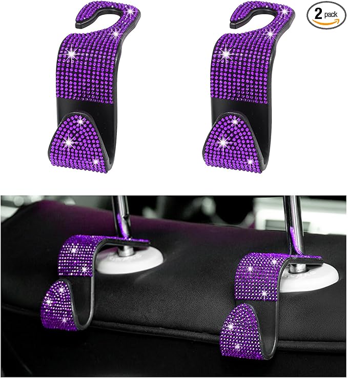 2 PCS Bling Car Seat Headrest Hooks, Crystal Rhinestone Back Seat Hanging Storage Organizer, Auto Purse Bags Hanger, Universal Vehicle Interior Accessories for Women Girls (Purple)
