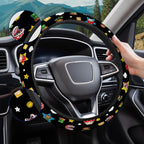 Black Retro Arcade Steering Wheel Cover, Polyester Non-Slip Car Wheel Grip, Universal 15 Inch Auto Accessory