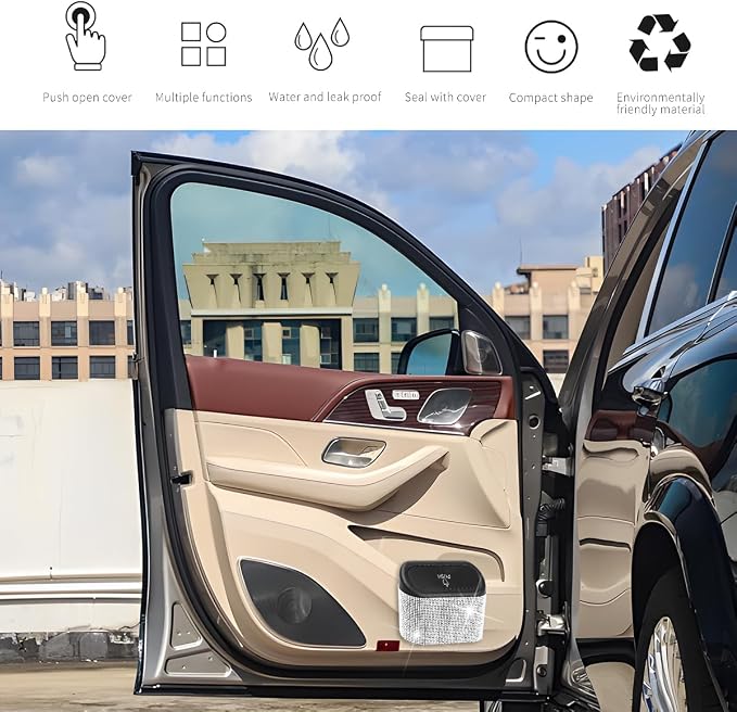 Bling Car Trash Can with Lid, Crystal Rhinestones Leakproof Auto Garbage Hanging Container Bin, Multipurpose Diamond Dustbin Storage Organizer, Universal Vehicle Accessories (White)