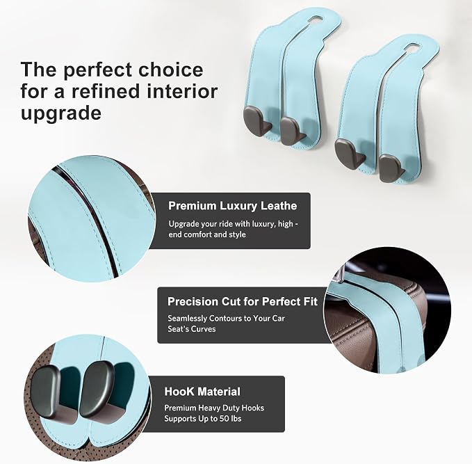 CoBak Purse Hook for Car - Universal Premium Stitched Leather and Aluminum-Magnesium Alloy Double Car Seat Back Storage Hook for Purses, Handbags, Bags (2 Pack),Baby Blue