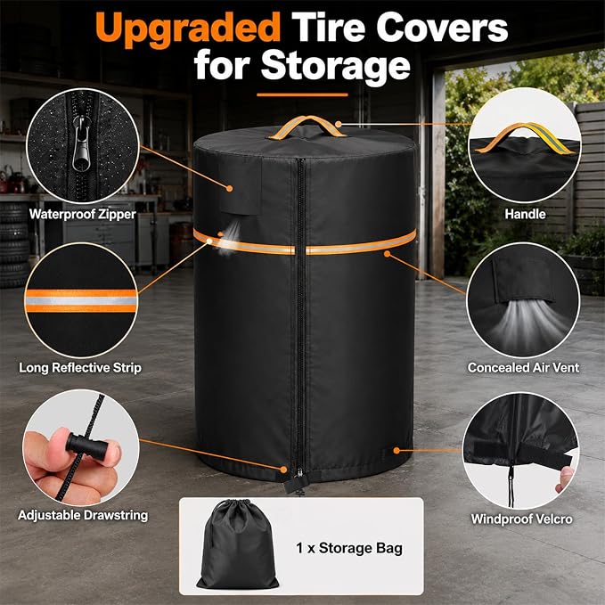 Wheel Cover,Durable 420D Oxford Tire Storage Cover with Waterproof Zipper and Reflective Handle,Easy to Put on,Large Tire Covers for Storage,Indoor/Outdoor Use(Holding 4 Tires Within 32 Inch Diameter)