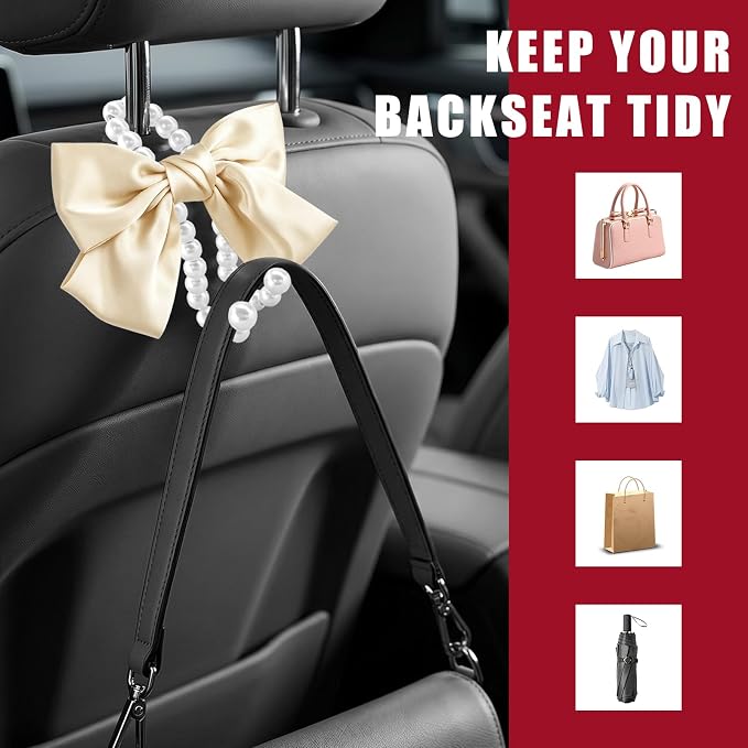 2 PCS Bow Pearl Car Seat Headrest Hook, Car Seatback Hanging Organizer Elegant Pearl Purse Hanger, Cute Bow Vehicle Interior Headrest Storage Hook for Handbag Purse Coat (Beige)