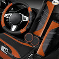 6 Pcs Brown Car Accessories Set, Sport Leather Steering Wheel Cover 14.5-15inch Universal, Microfiber Leather Car Center Console Cover, Seat Belt Cushion, Cup Holder Coaster (Black-Brown)