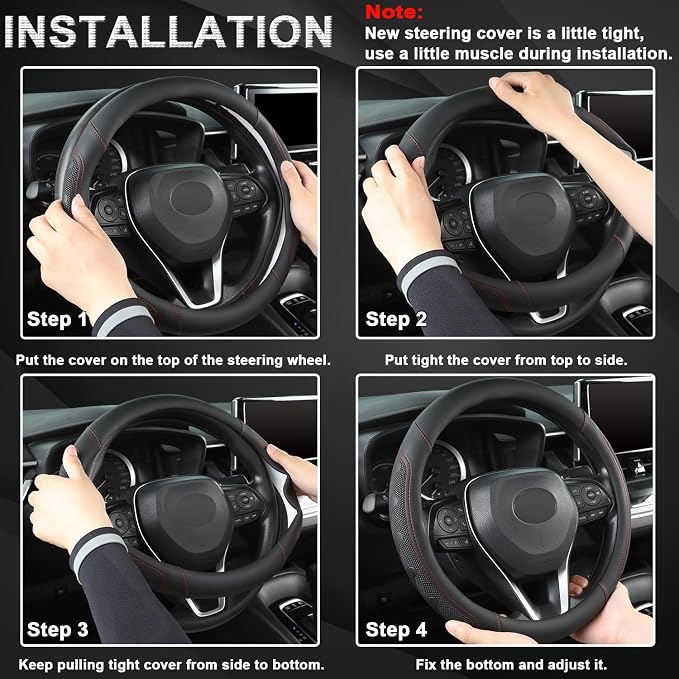 Car Steering Wheel Cover for Toyota RAV4,Camry,Highlander,Corolla,Prius,Tacoma,Standard Size - Black+Red Line