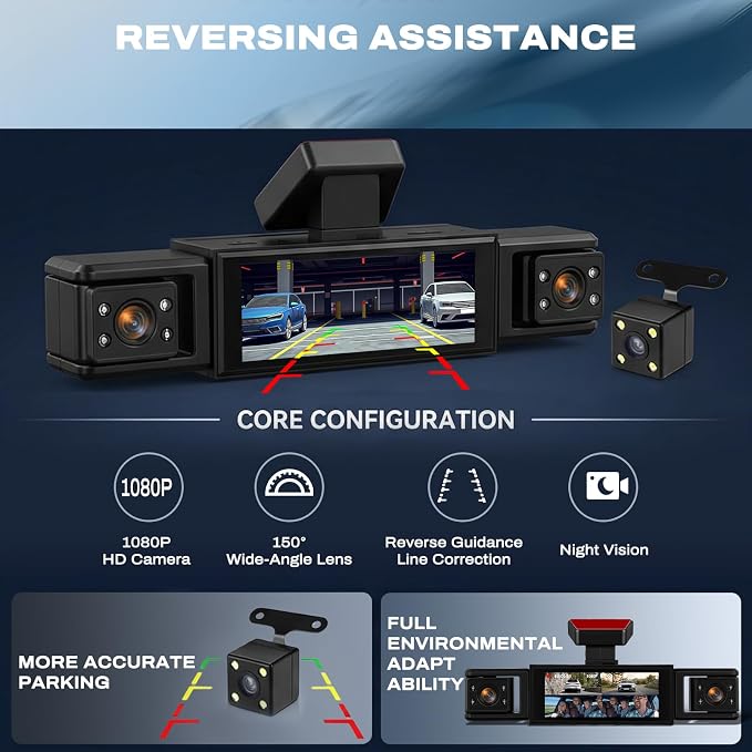 360 Degree View 4 Channel Dash Cam 1080 P Front and Rear Inside, Left and Right Dash Camera for Cars, 3.16 Inch Night Vision, Loop Recording, Exposure Compensation, Reversing Assistance