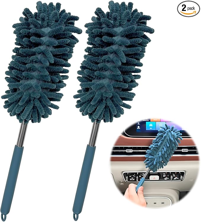 2 PCS Car Interior Duster with Extension Pole, Stretchable Chenille Vehicle Dusters with Bendable Head, Scratch Free Dusters Soft Cleaning Tool for Car Exterior & Interior (Navy Blue)