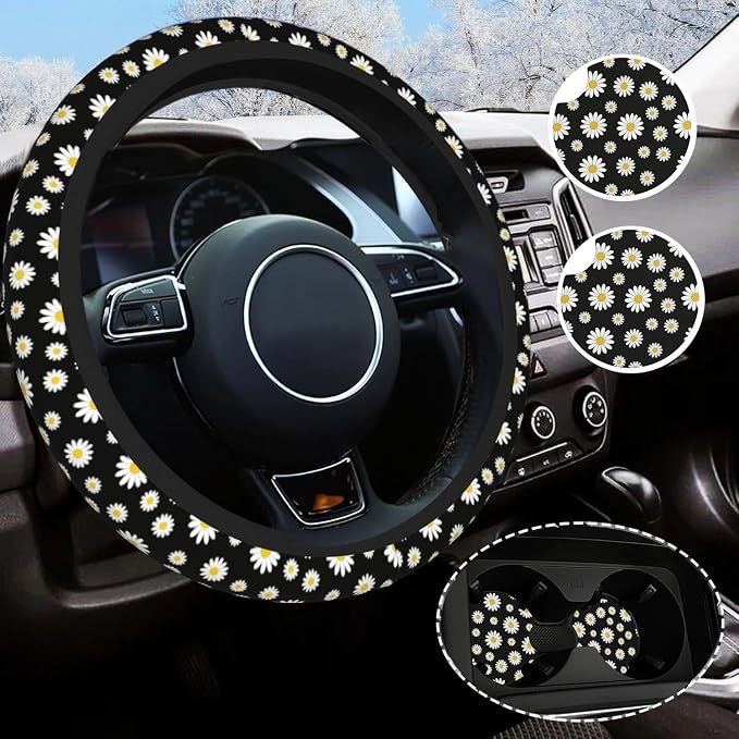 Daisy Steering Wheel Cover Universal 14.5-15 Inch Non-Slip Daisy Car Accessories for Women Men