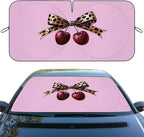 Coquette Cherry Car Windshield Sunshades Leopard Bow Pink Girly Aesthetic Front Window Sun Shade Blocks UV Rays Sun Visor Protector for Car Sedan Truck SUV Accessories 59" L x 31.5" W