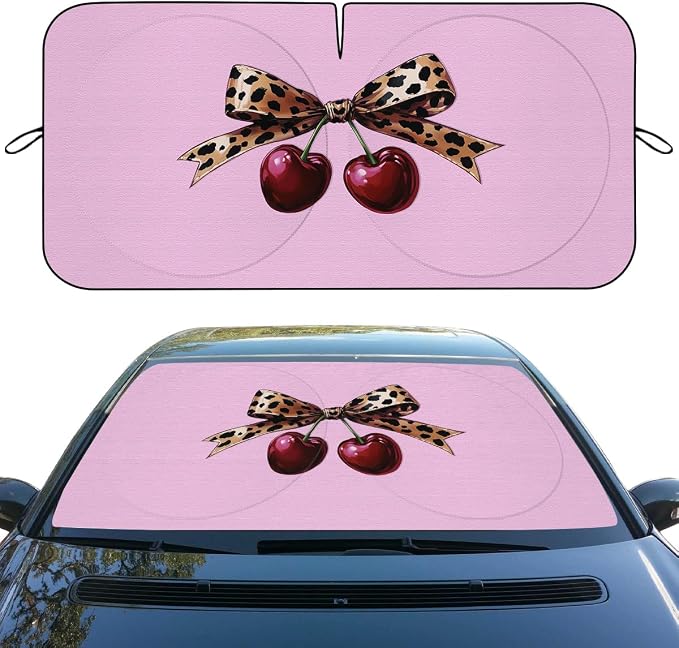 Coquette Cherry Car Windshield Sunshades Leopard Bow Pink Girly Aesthetic Front Window Sun Shade Blocks UV Rays Sun Visor Protector for Car Sedan Truck SUV Accessories 59" L x 31.5" W