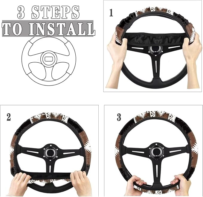 Southwest Aztec Brown Black Car Steering Wheel Cover 15 Inch Universal Breathable Soft Anti-Slip Sweat Absorbent Car Accessory Fit for Most Vehicles