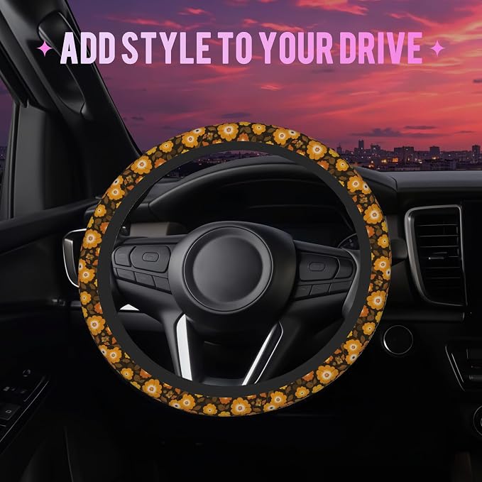 Retro 70s Groovy Orange Floral Steering Wheel Cover for Women Men Neoprene Breathable Wheel Cover Protector Anti-Slip Car Accessories Universal 15 Inch Fit for Cars Trucks Vehicles