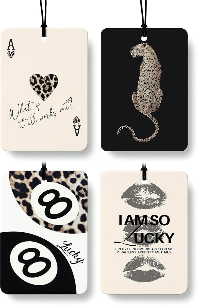 Black Leopard Print Car Air Freshener 4 Pcs, Trendy Cheetah Lucky 8 Ball Ace Card Lips Hanging Air Freshener for Cars Closet Drawer Books, Leopard Car Accessories Mirror Decor for Women