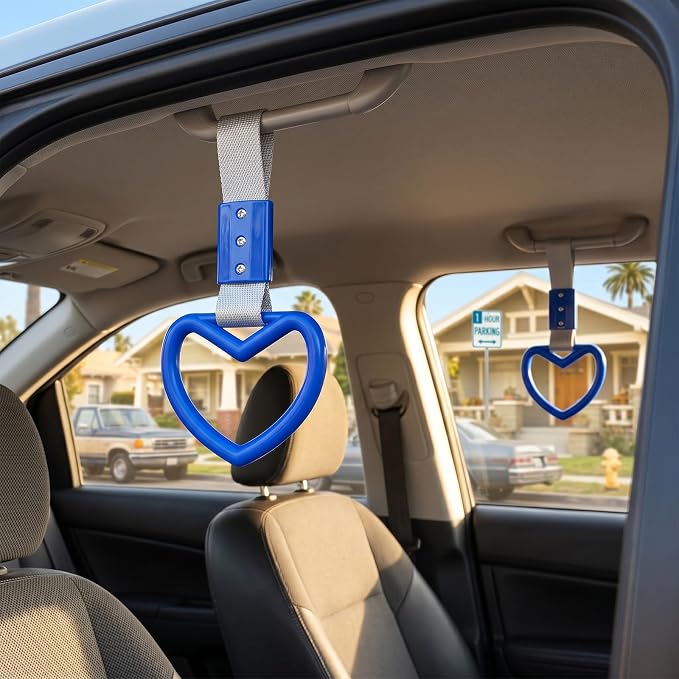 2 Pcs Heart Shaped Car Handle Strap – JD M Drift Charm Rear Bumper Warning Ring Decor for Car Interior Exterior, Subway Bus Handle Accessory, Cute Heart Car Decor Gift for Drivers (Blue-Silver)