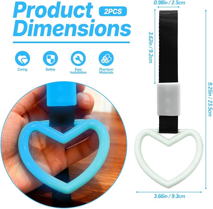 2 Pcs Heart Shaped Car Handle Strap – Drift Charm Rear Bumper Warning Ring Decor for Car Interior Exterior, Subway Bus Handle Accessory, Cute Heart Car Decor Gift for Women & Men (Luminous Blue)