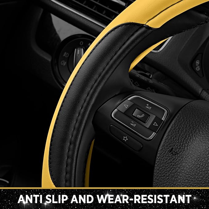 Leather Steering Wheel Cover - Made with PVC Leather - Anti-Slip, Universal Fit 14 1/2 inches to 15 inches - Yellow