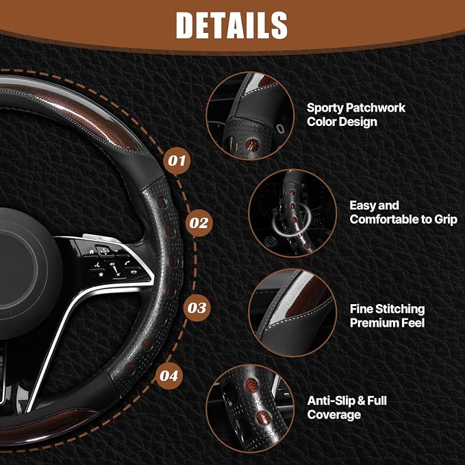 Hiseanllo Car Steering Wheel Cover, 14.5-15 Inch Universal Fit, Sporty Anti-Slip Leather Steering Wheel Protector with Glossy Color Accent, Comfortable Grip for Cars, SUVs, Trucks(Brown)