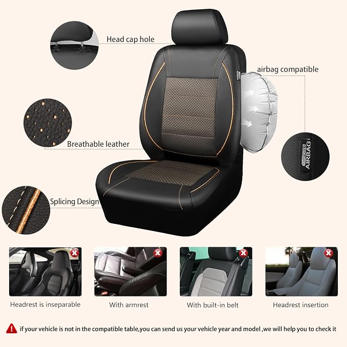 Piping PU Leather Car Seat Cover Full Set,Inside Zipper Design and Reserved Opening Holes,Airbag Compatible,Universal FIT for Car, SUVs,Van,Small Trucks（Full Set, Black & Gold）