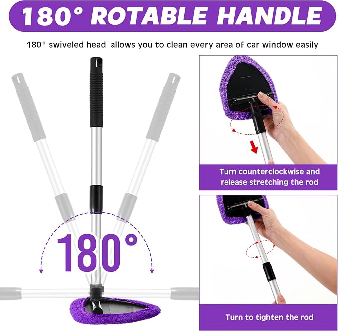 10 Pcs Windshield Cleaner Tool Car Window Cleaning Supplies with Extendable Handle Include 6 Washable Microfiber Bonnets 2 Empty 60ml Spray Bottle Glass Wiper Kit(Purple)