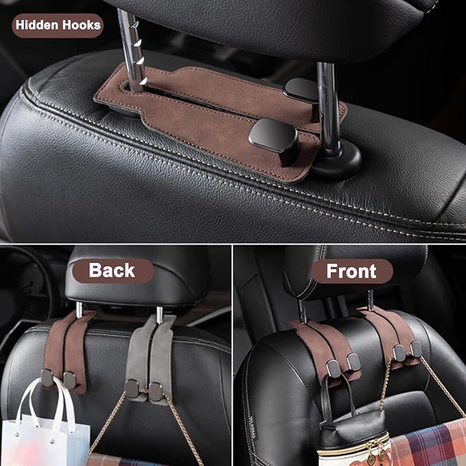 Amelity Car Headrest Hooks, Purse Hook for Vehicle 4 Pack Black | Universal Car Interior Accessories for Women, Available in 2/4 Pack, Storage Hanger Holds Purses, Backpacks, Grocery Bags