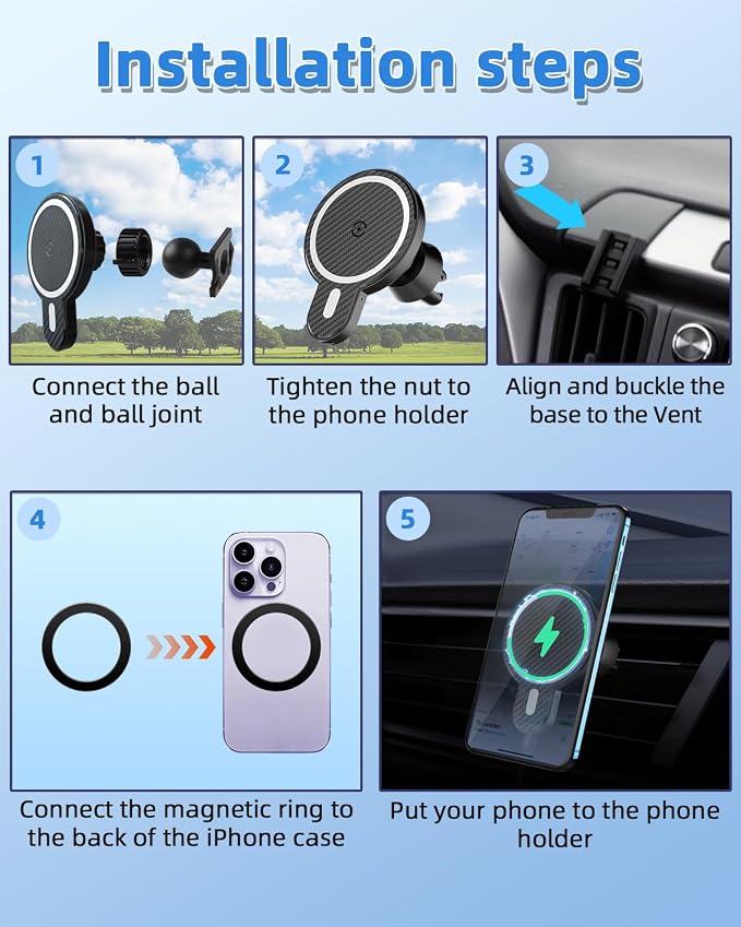 PZK Magnetic Car Phone Holder for Toyota RAV4 2013-2018 Accessories Vent | Magnetic 15W Fast Wireless Charger Car Phone Mount with Magsafe Hands Free 360° Rotation Cell Phone Automobile Cradles