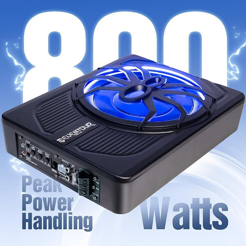 10" Upgrade 800W Slim Under Seat Powered Car Subwoofer, Car/Truck Audio Sub Built in Amplifier amp Combo, with Blue LED Light (RGB LED Subwoofer+Installation Wire Kit)