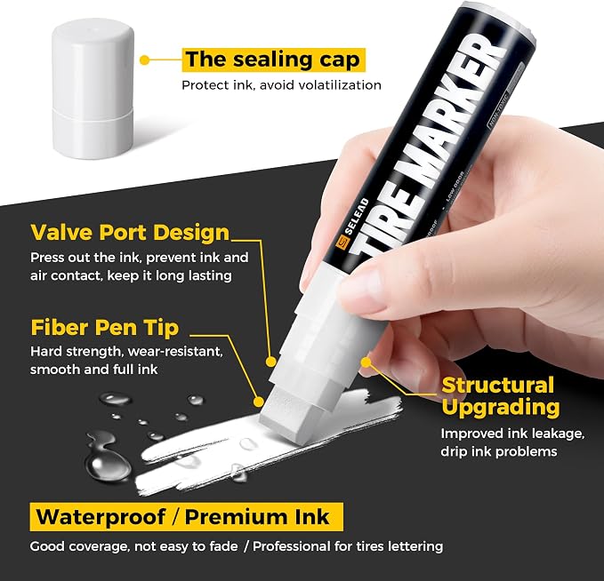 Jumbo Tire Marker White - 4 Pack 15mm Wide Tip Paint Pens for Car Tires Lettering, Large Capacity Premium Ink Waterproof Permanent Markers