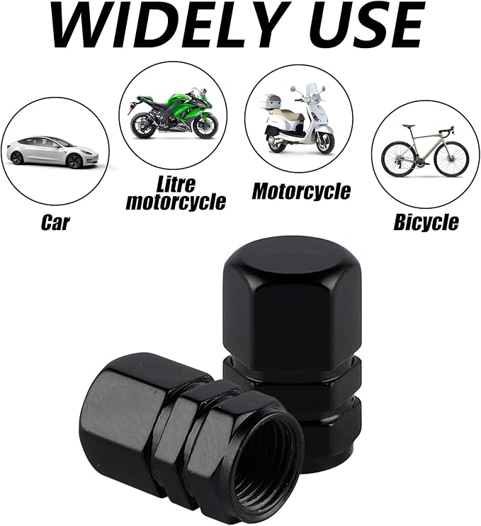 Aluminum Tire Stem Valve Caps Wheel Valve Covers Car Dustproof Tire Cap Cover Accessories, Universal for SUV, Car, Bike and Motorcycle, Hexagon Shape (4PCS Black)