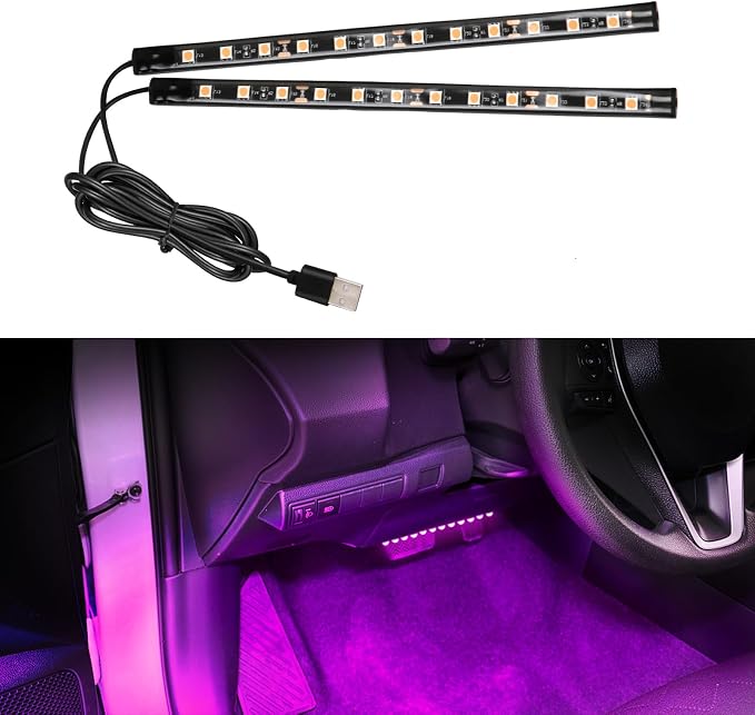 Car LED Strip Light, 12V 24 LED Vehicle Interior Atmosphere Lamps with USB Port, Auto Under Dash Ambient Night Light, Universal Car Accessories (Pink Purple, USB)