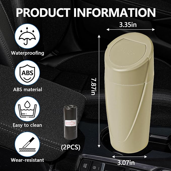 Mini Car Trash Can with Lid, Portable Garbage Can for Car, Leakproof Cup Holder Automotive Garbage Bin with 2 Rolls of Trash Bags, Small Trash Storage Can for Car Home Office(Beige)