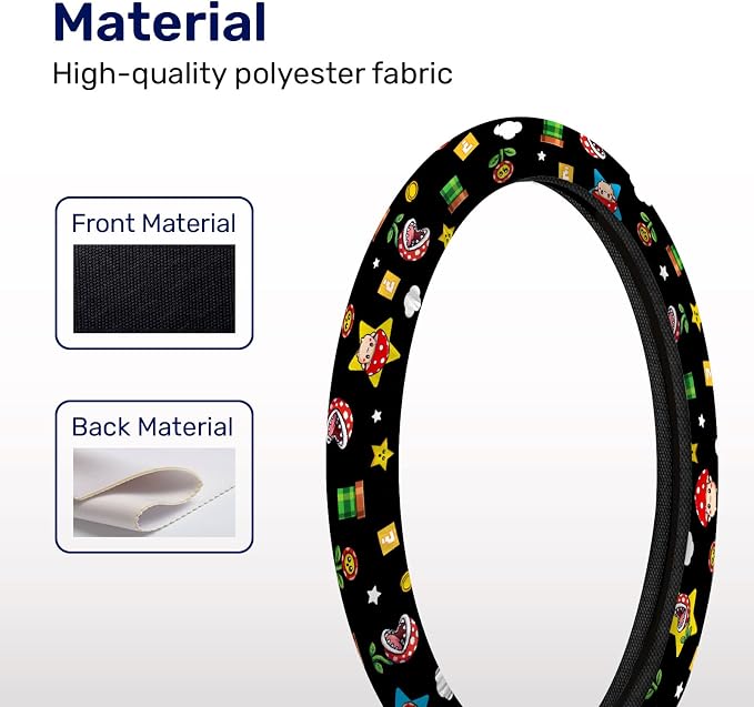 Black Retro Arcade Steering Wheel Cover, Polyester Non-Slip Car Wheel Grip, Universal 15 Inch Auto Accessory