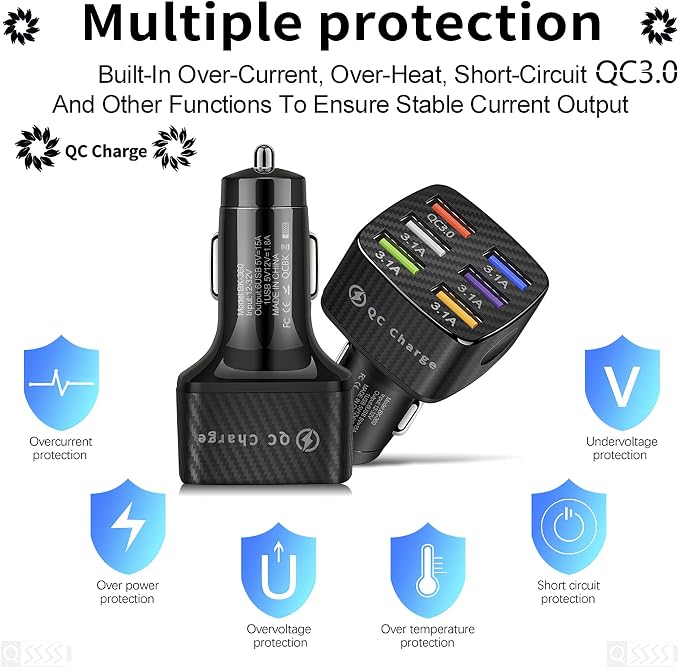 Car Charger Adapter, 6 USB Multi Port, Fast Charger, Include QC 3.0 and 5 Other Ports, Car Interior Accessories, Fit for iPhone 13/12/11/pro, Samsung Galaxy/Note S10/S9/S8, Android - Black