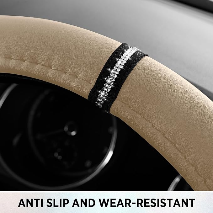 Leopard Steering Wheel Cover for Women, Cute Anti-Slip Microfiber Leather, Fits D Shape Flat Bottom Steering Wheel 14.5-15 Inch - Beige