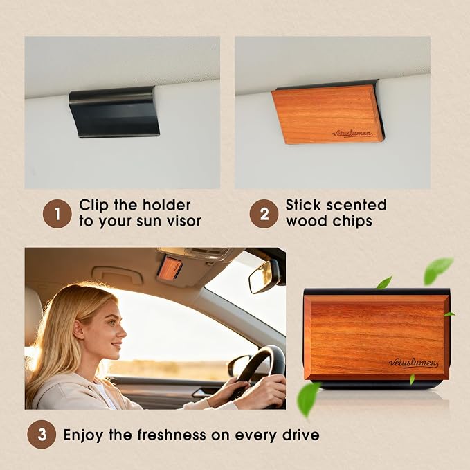 Car Air Freshener - 3 Pack (Amber-Teak-Pine) Wooden Air Freshener, Natural Essential Oil Scents, Car Accessories for Women, Smell Good Premium Automotive Gift Set - Metal Clip Included