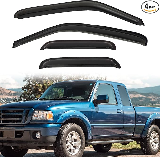 Window Visor Rain Guards Compatible with 1999-2011 Ford Ranger & 1999-2010 Mazda B2300/B2500/B3000/B4000 Super/Extended Cab Tape-On Wind Deflectors Vent Visors for Trucks Accessories 4pcs