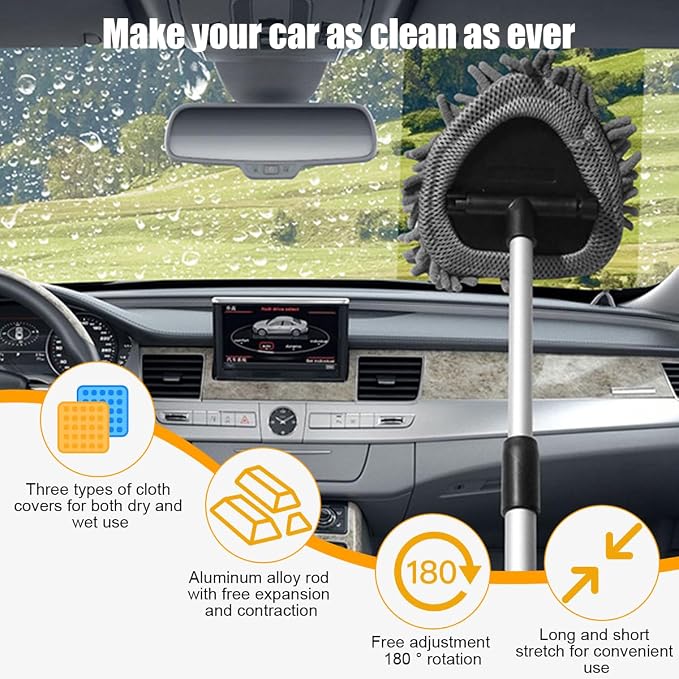 Car Windshield Cleaner Tool, Extendable Handle Triangle Vehicle Window Cleaner with 3 Washable and Reusable Microfiber Pads, Auto Windscreen Cleaning Tool, Universal Fit