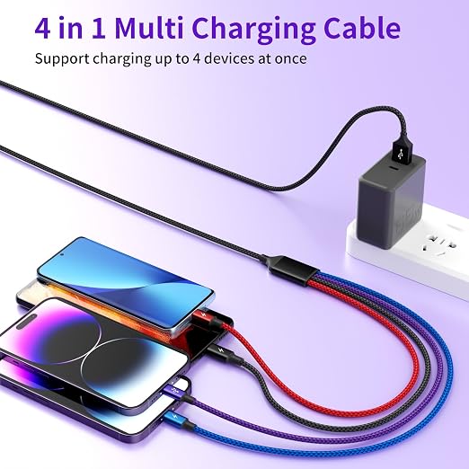 Multi Charging Cable [2Pack 5FT],Nylon Dual IP 4 in 1 Charging Cable, Multiple Charger Cord with IP/IP/Type C/Micro Port, Compatible with Most Cell Phones/Tablets and More