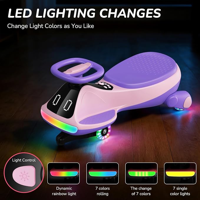 12V Electric Wiggle Car for Kids with Pedal, Display, Rechargeable Battery, LED Light, Bluetooth, Light-Up Wheels, Anti-Rollover, 2 Speeds, Ride on Toys, Birthday Gifts for Age 3+, 150Lbs