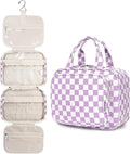 Hanging Toiletry Bag for Women Travel Makeup Bag Organizer Toiletries Bag for Travel Size Essentials Accessories Cosmetics (Purple Checkerboard (Medium))